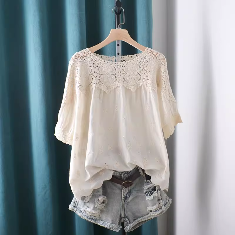 Japan Summer Clothing Women - 2026 Hollow Out Lace Patchwork Shirts