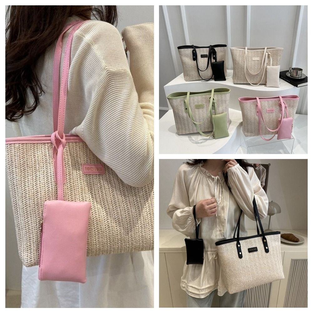 Beach Bag Straw - Fashion Solid Color Weave Tote Bag