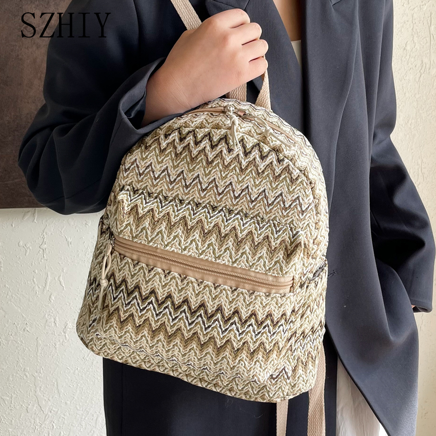 Beach Bag Straw - Colorful Grass Woven Backpack for Women
