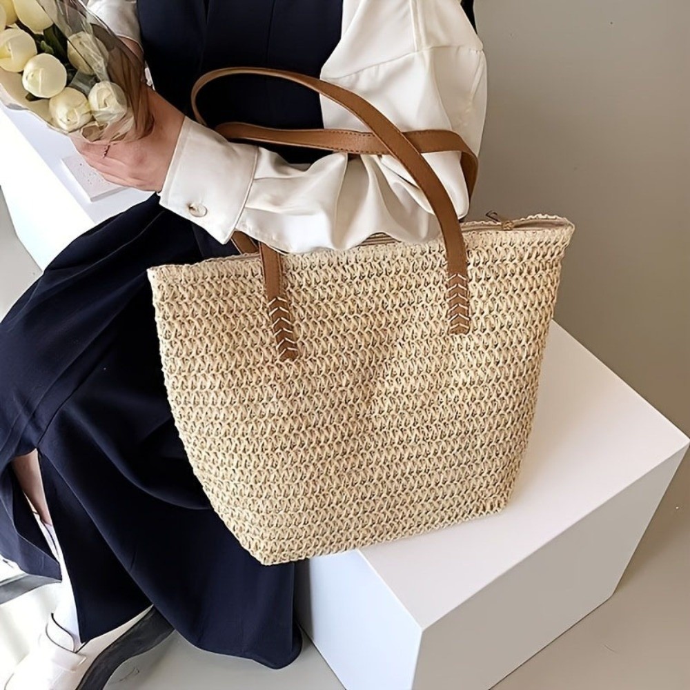 Fashion Solid Color Weave Stra - Beach Bag Straw recension och pris