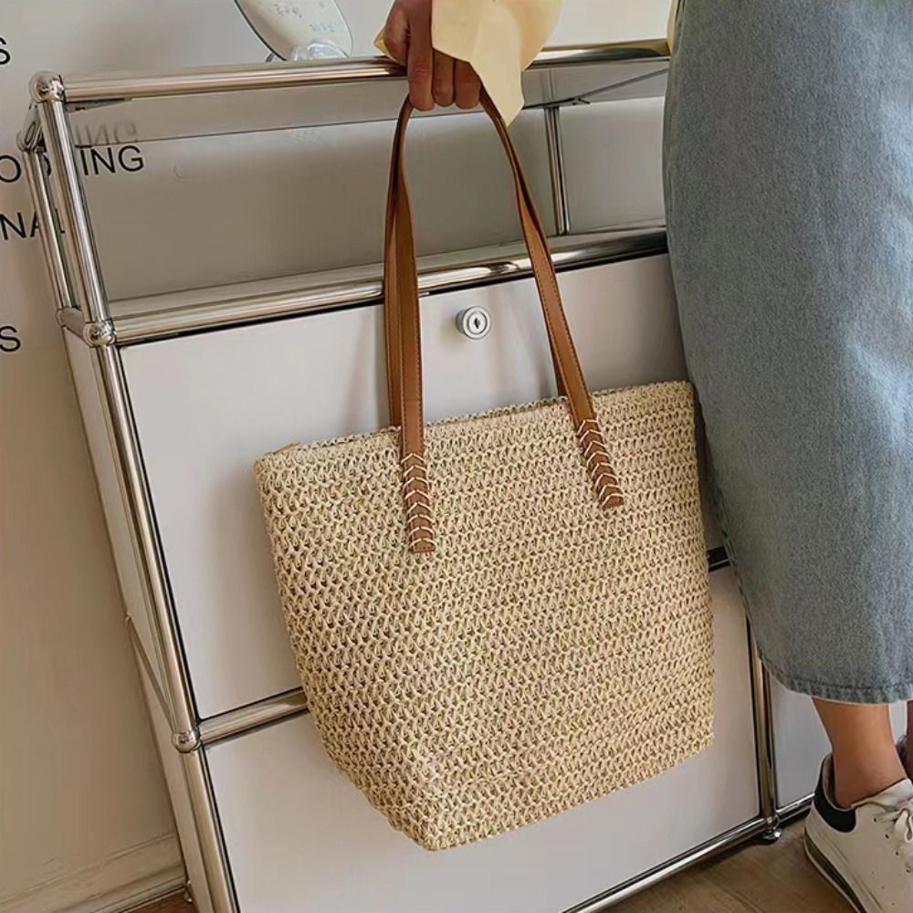 Fashion Solid Color Weave Stra - Beach Bag Straw recension och pris