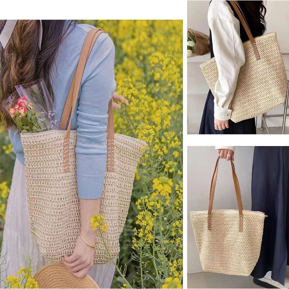 Fashion Solid Color Weave Stra - Beach Bag Straw recension och pris