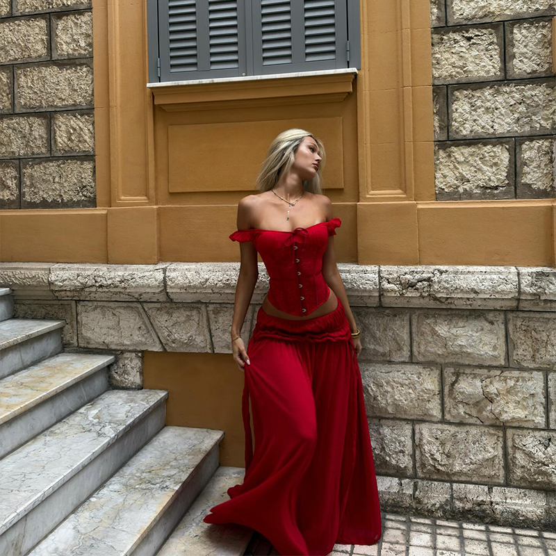 Chic Red Off Shoulder Corset T - Summer Clothing Vacation recension och pris