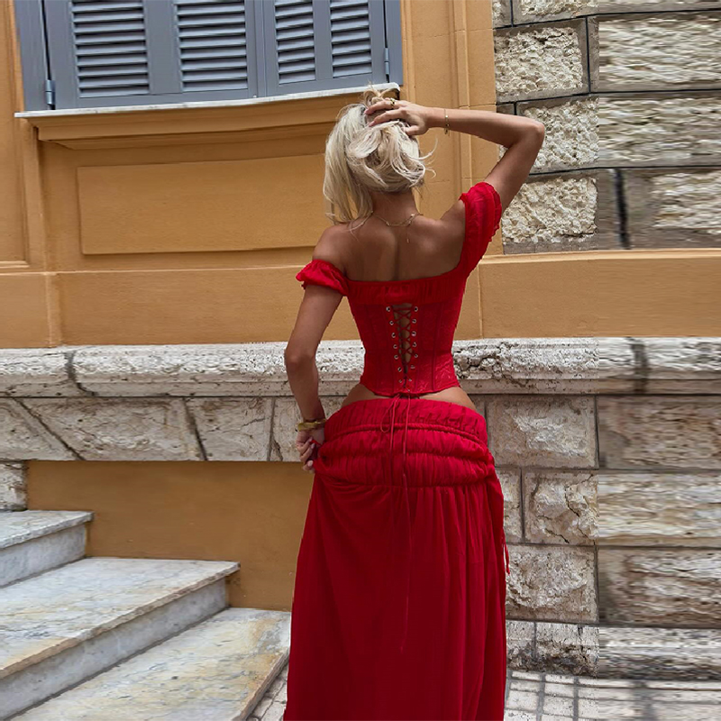 Chic Red Off Shoulder Corset T - Summer Clothing Vacation recension och pris